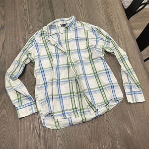 American Eagle White Blue Plaid Button Front Long Sleeve Shirt Size M